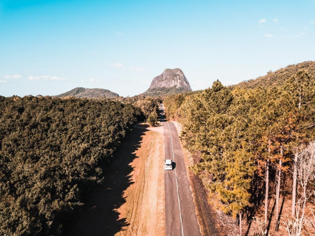 On our way to Glasshouse Mountains: amazing scenery and great campsite